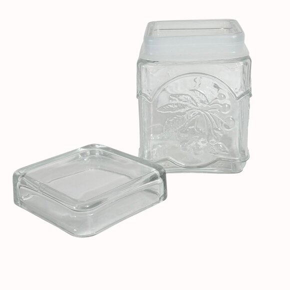 Square Clear Glass Jar Embossed Fruit Design Airtight Lid Storage Decoration - Picture 12 of 16